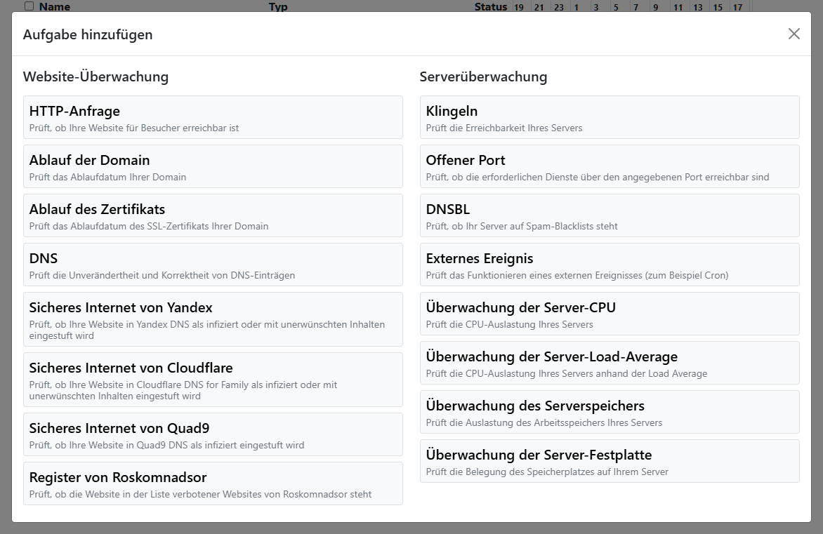 Modales Fenster zur Auswahl des Aufgabentyps
