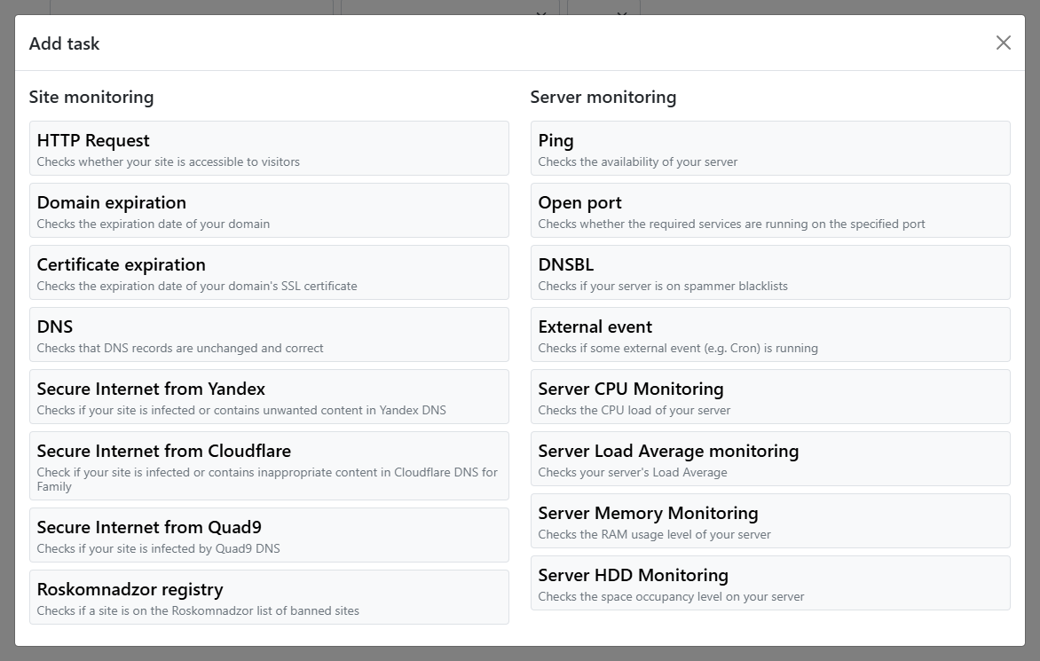 Task type selection modal window