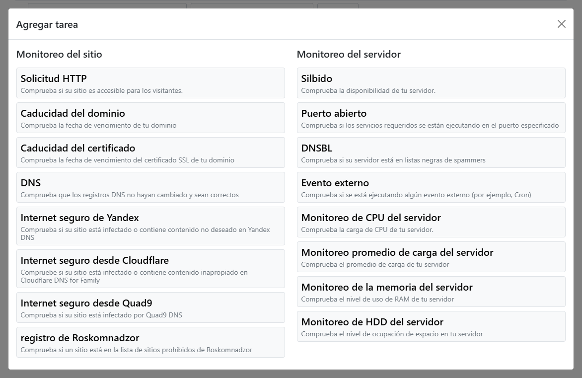 Ventana modal para seleccionar el tipo de tarea