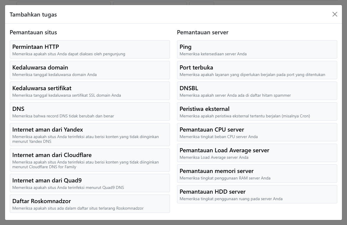 Jendela modal pemilihan jenis tugas