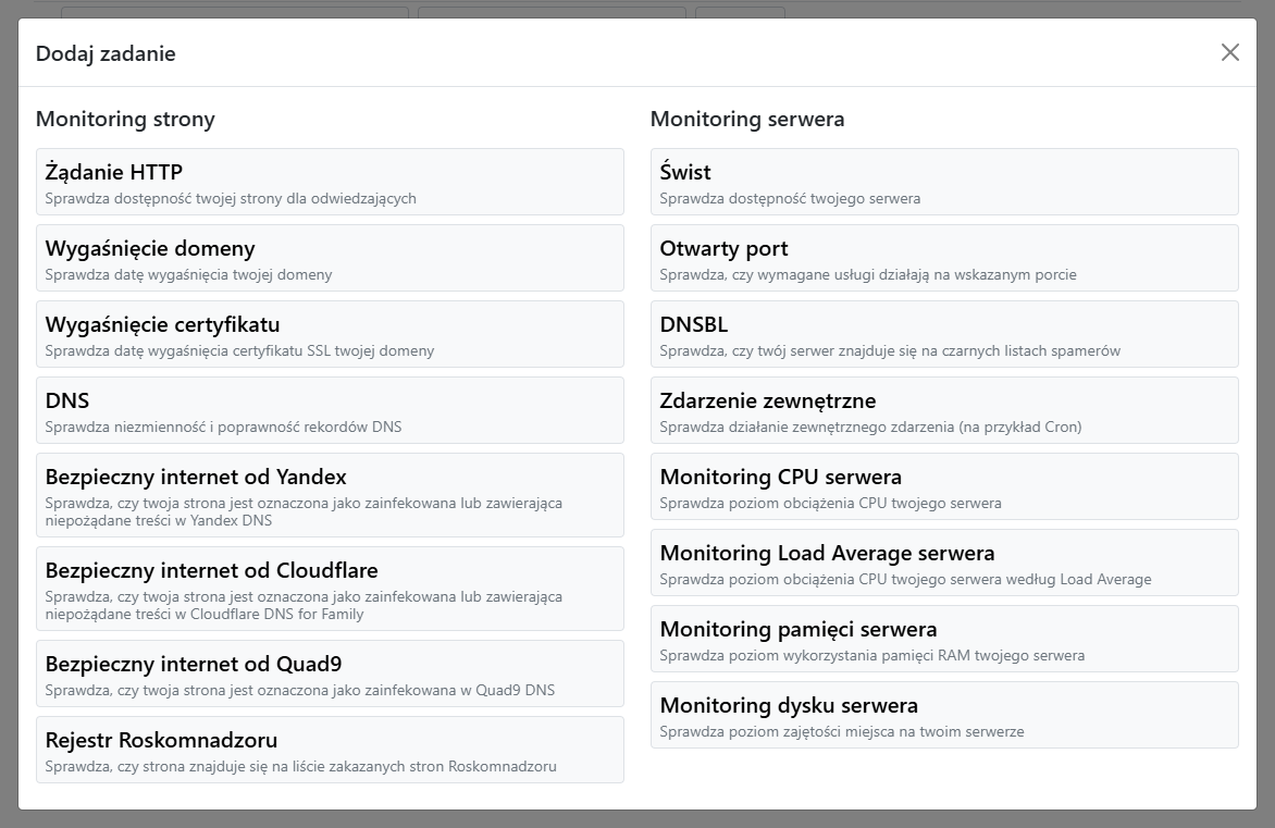 Okno modalne wyboru typu zadania