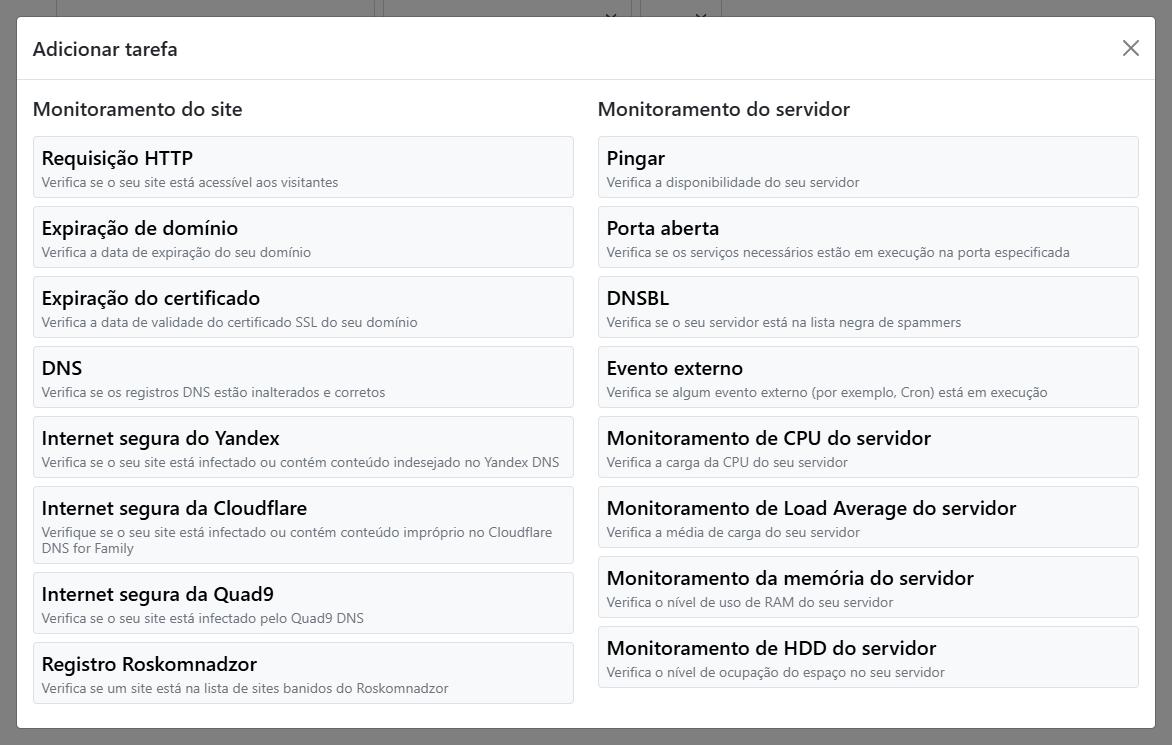 Janela modal de seleção do tipo de tarefa