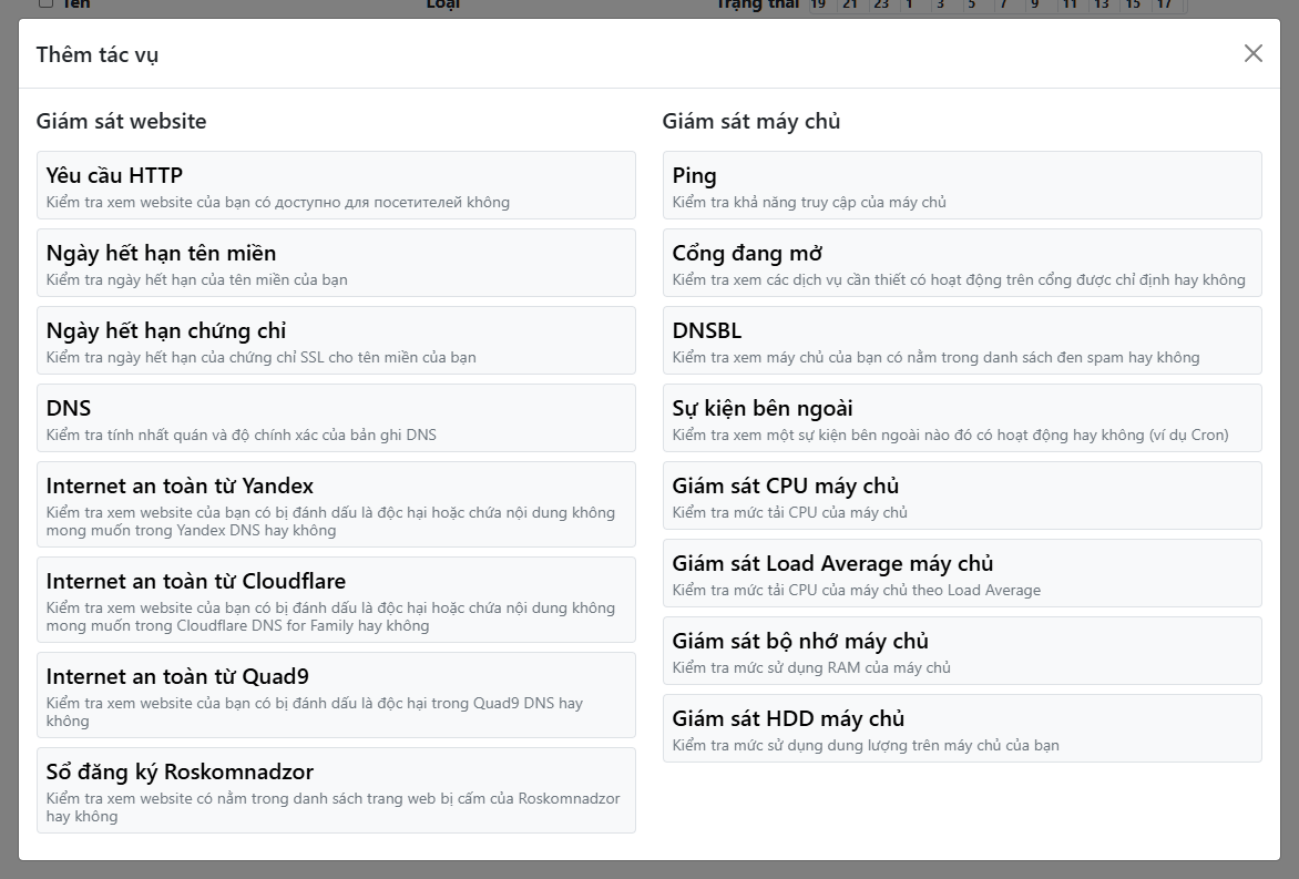 Cửa sổ modal chọn loại tác vụ